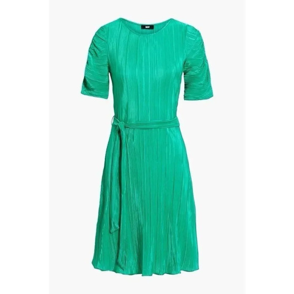 DKNY Belted Plissé-satin Dress - Green- Sz 10 - Picture 2 of 13